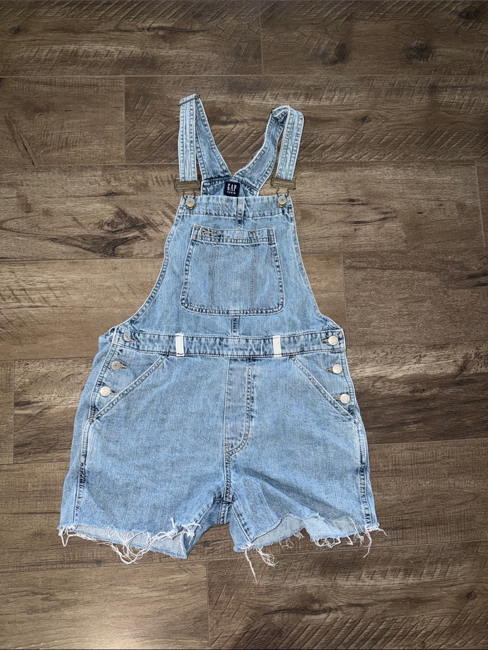 GAP Light Blue Denim Short Overalls with Frayed Hem